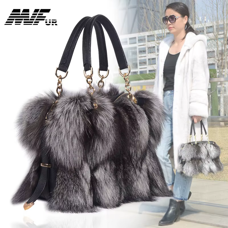 MS.Minshu-Sac à main en renard argenté naturel pour femme
