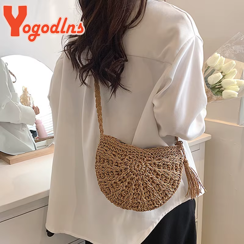 Yogodlns nouveaux sacs de paille demi-ronds pour les femmes été plage sac en rotin tissé à la main demi-lune