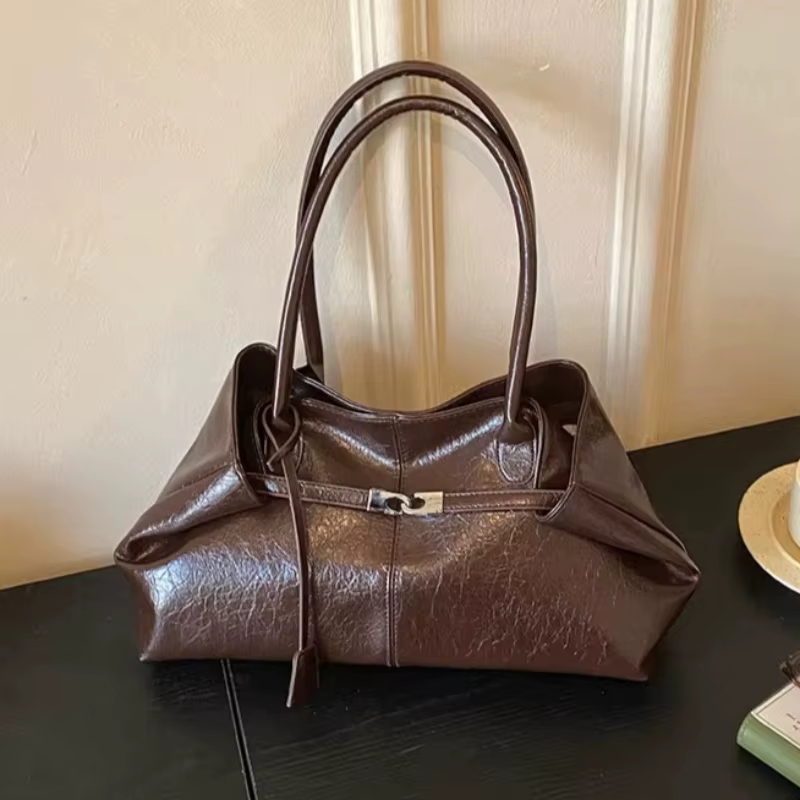 Nouveau Sac à Main Femme 2026 Grande Capacité en Cuir Souple Plissé, Sac Fourre-tout Rétro pour Trajet Quotidien, Sac Bandoulière de Qualité