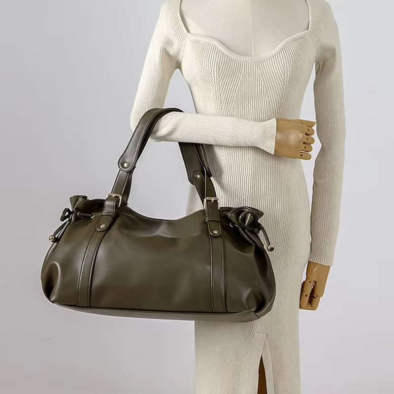 Sac fourre-tout vintage en cuir souple plissé avec cordon de serrage