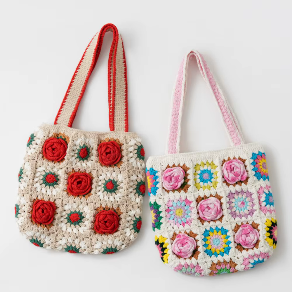 Sac en crochet fait main, tissage de 10 roses en fil de chiffon, sac à bandoulière, sac en tricot rouge, sac en fil rose, cadeau de vacances