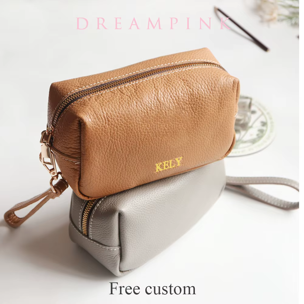 Pochette de maquillage de luxe en cuir véritable pour femmes