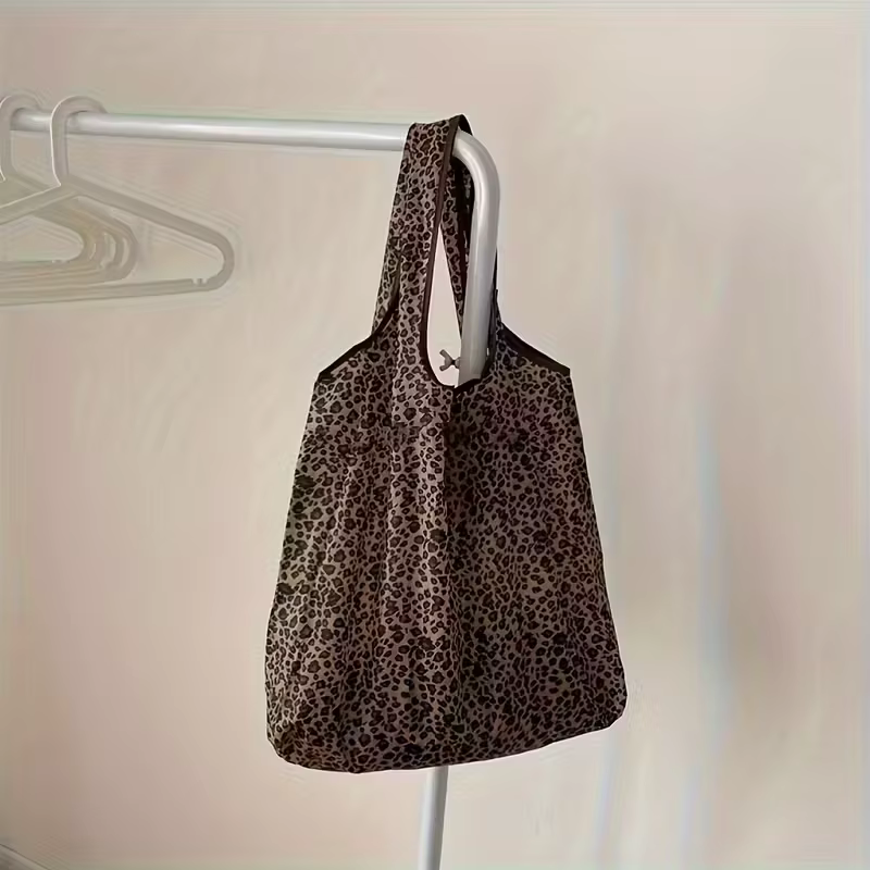 Sac de courses pliable à imprimé léopard - Sac en nylon léger et étanche avec poignées robustes pour l'épicerie et le supermarché