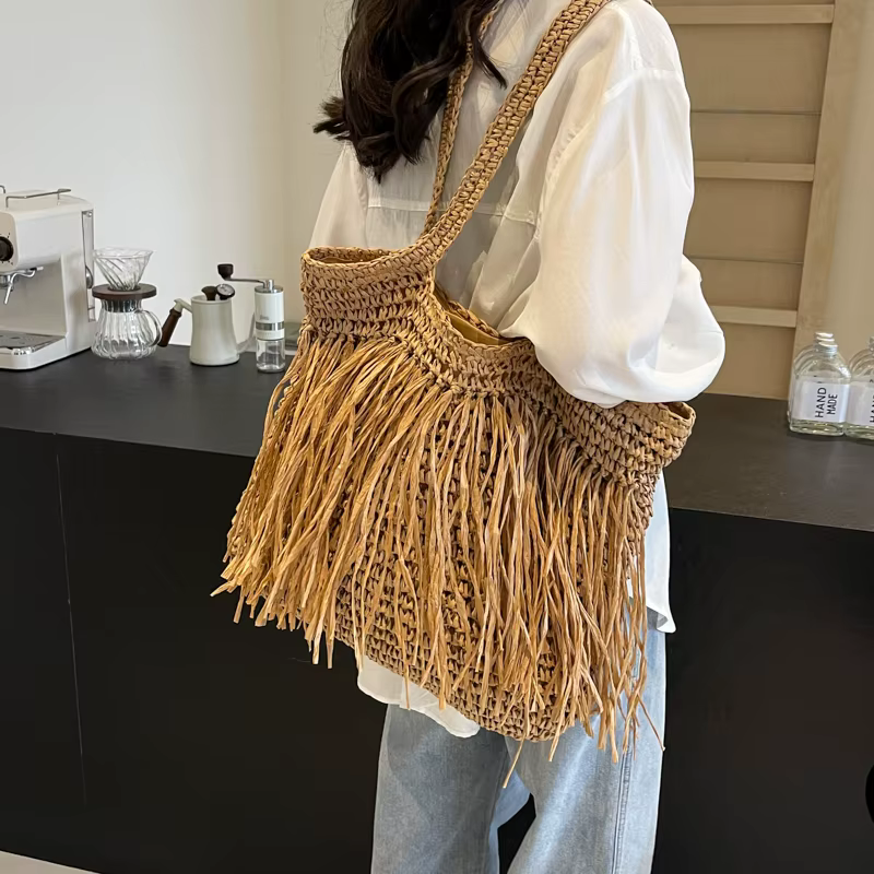 Sac fourre-tout en paille solide tissé pour femme