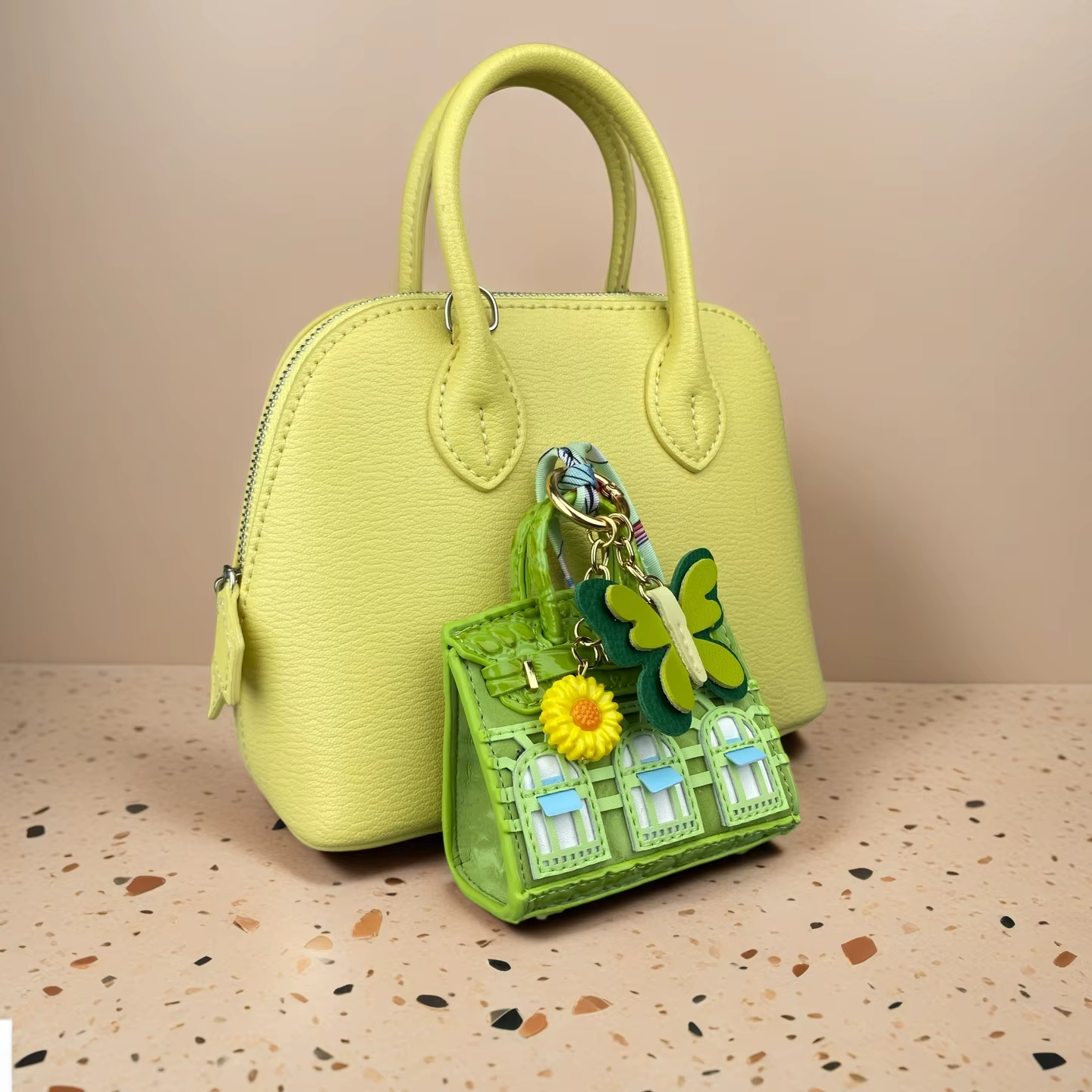 Ensemble Pochette Tournesol et Porte-clés en Cuir PU Vert Pomme - Porte-monnaie Fonctionnel