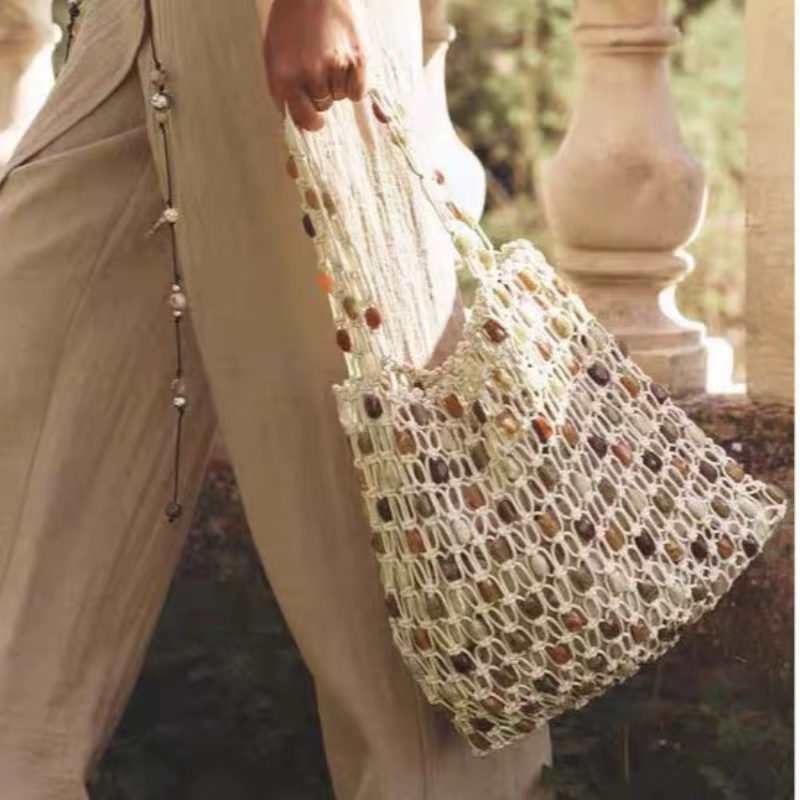 Nouveau Sac de Plage Bohème en Corde Tressée avec Perles Colorées pour Femme