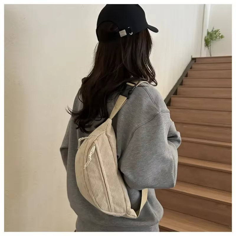 Sac banane femme en velours côtelé et toile