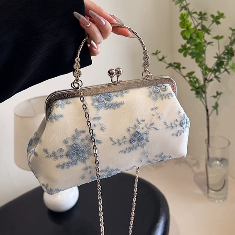 Luxe dentelle Fbric femmes sac de soirée chaîne épaule sac de messager coquille pince concepteur sac à main mode sac