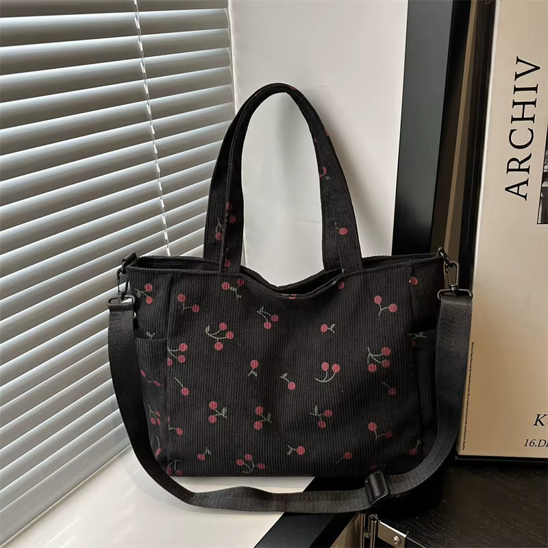 Sac à bandoulière chic en velours côtelé à imprimé cerises avec sangle réglable