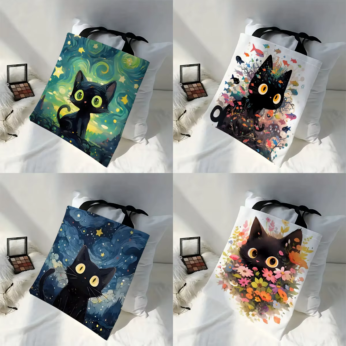 30x35 cm Van Gogh chat noir sac fourre-tout fleur Portable décontracté Eco sac à main sac à provisions Design livres et