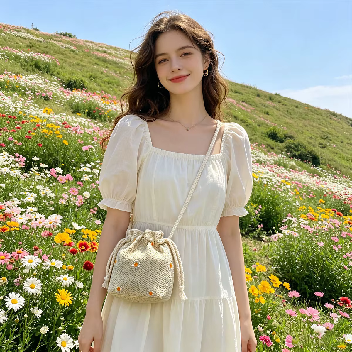 Sac seau mini tressé en herbe fraîche
