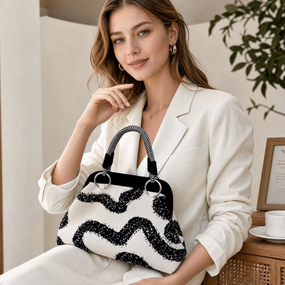 Sac à main à poignée tissée imprimé coloré en tissu tricoté