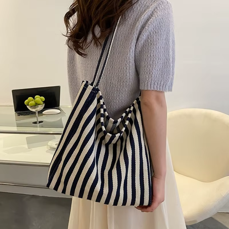 Sac fourre-tout chic à rayures tissées grande capacité