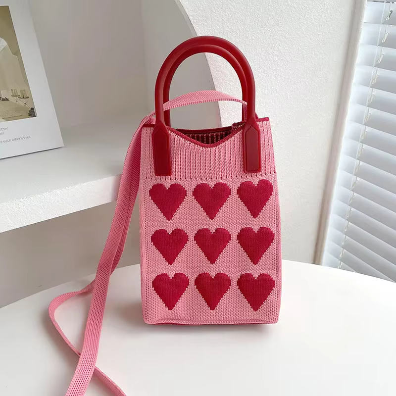 Mini sac à main carré tricoté en forme de cœur pour femmes