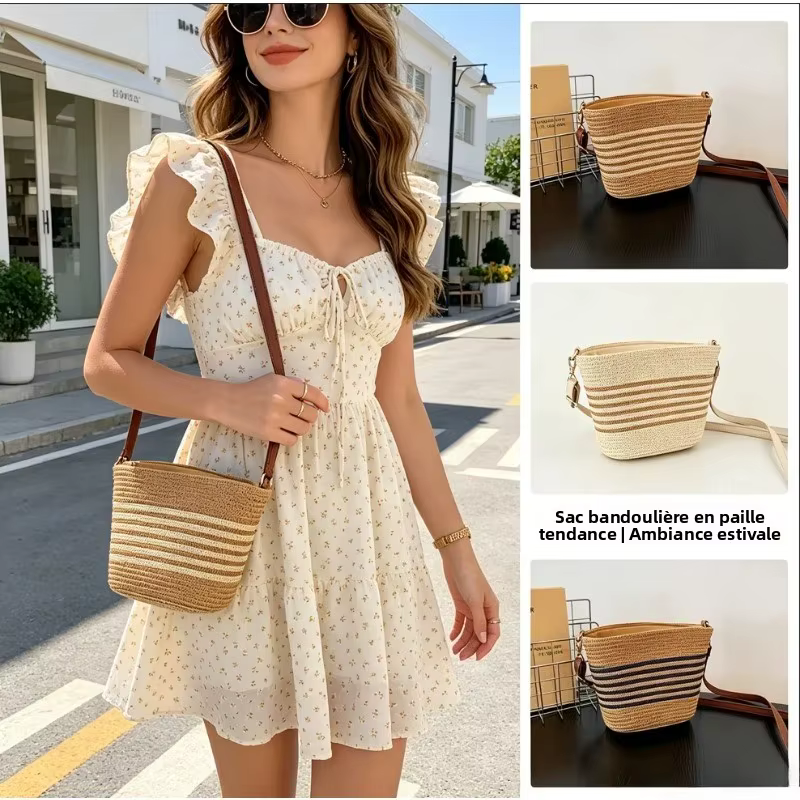 Sac seau en paille d'été pour femme