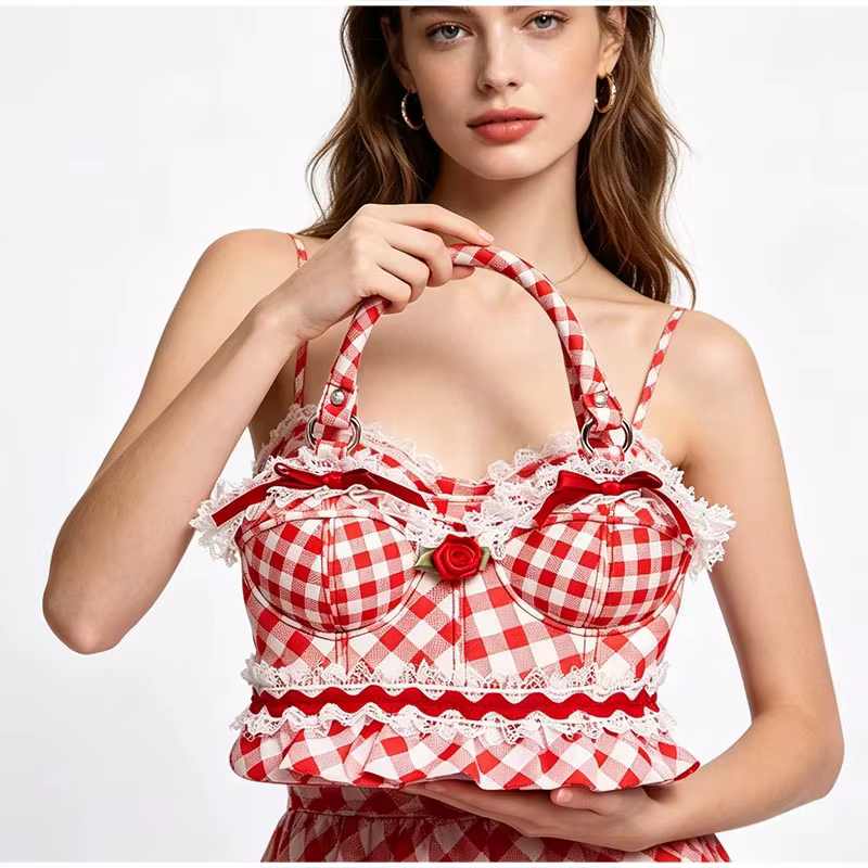 Sac à main vintage en cuir PU à carreaux avec dentelle florale et motif rose