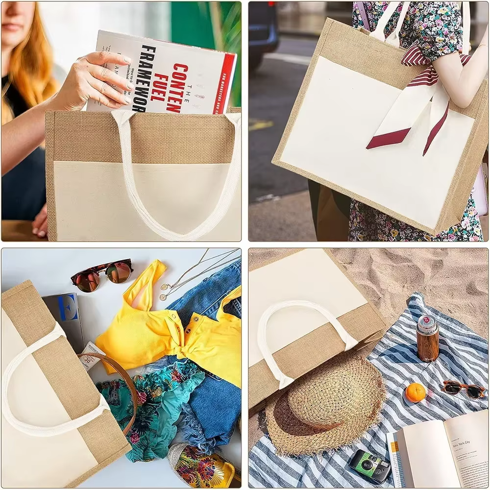 Sac fourre-tout portable en jute, sacs à provisions, série spinale, sacs à main de plage légers, 35% lin, sacs de rangement d'épicerie