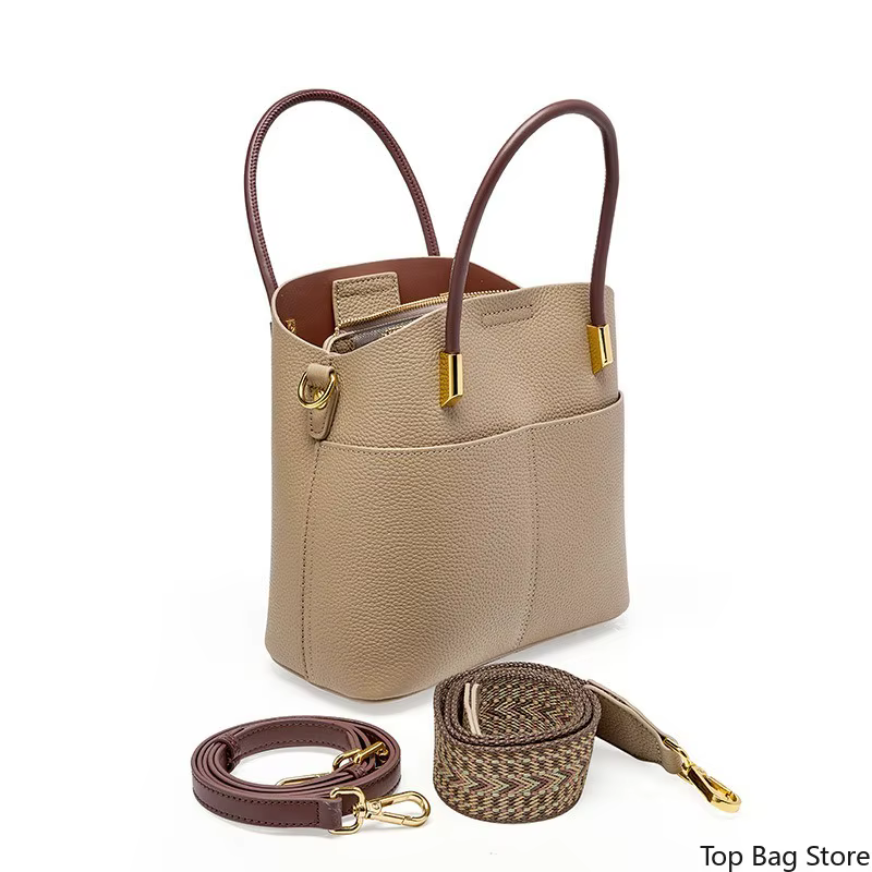 Sac seau en cuir véritable pour femme avec poignée supérieure et bandoulière amovible