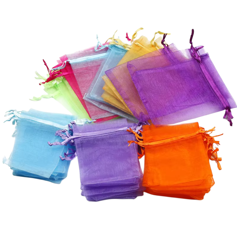 50 pcs/Lot Multicolore Bijoux Emballage Sac 7*9 11*16 15*20cm Organza Sacs Cadeau De Stockage De Mariage Cordon Pochettes En Gros
