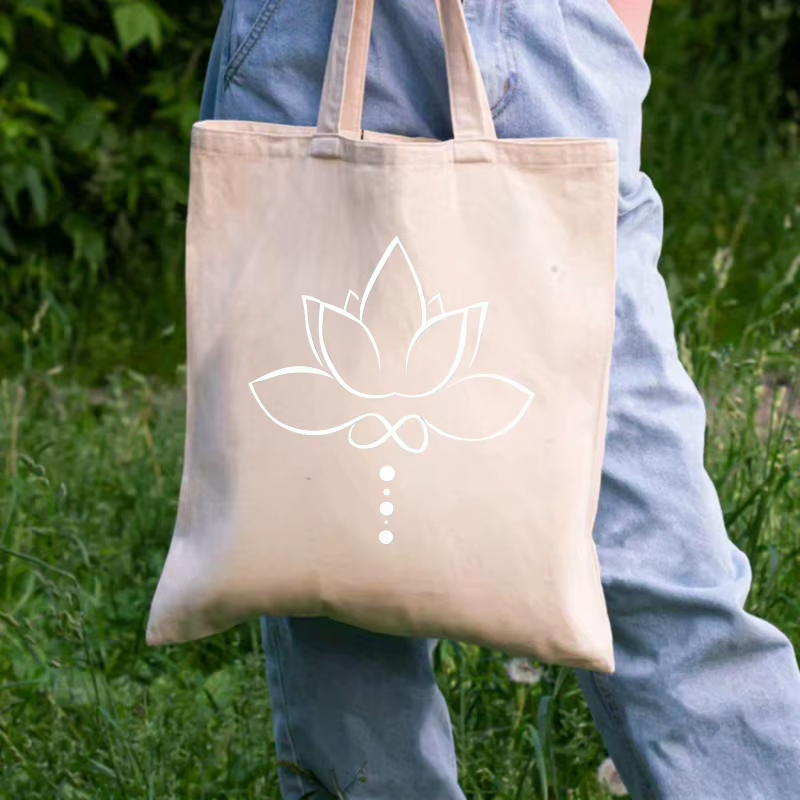 Sac fourre-tout en toile imprimé lotus naturel pour un usage quotidien et un shopping