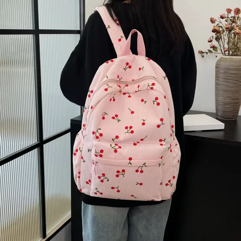 Sac à dos en velours côtelé motif cerise pour femmes