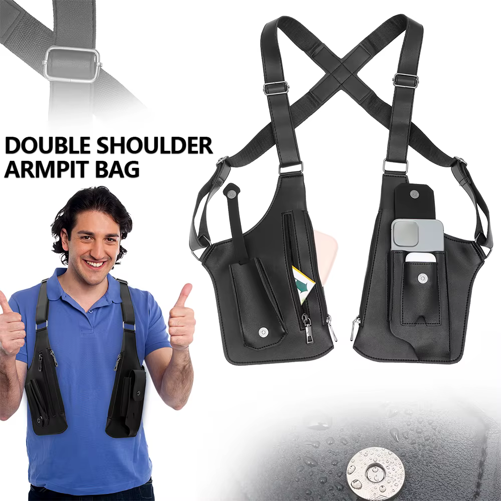 Sac antivol sous les bras PU Double bandoulière multi-poches extérieur