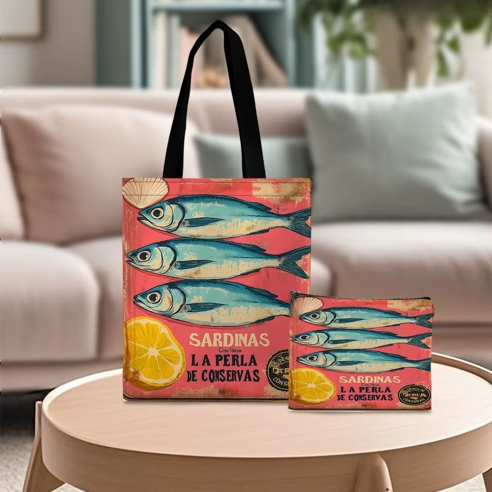 Sardine citron délicatesse perles sac fourre-tout sac de plage avec trousse de maquillage sac à provisions polyvalent