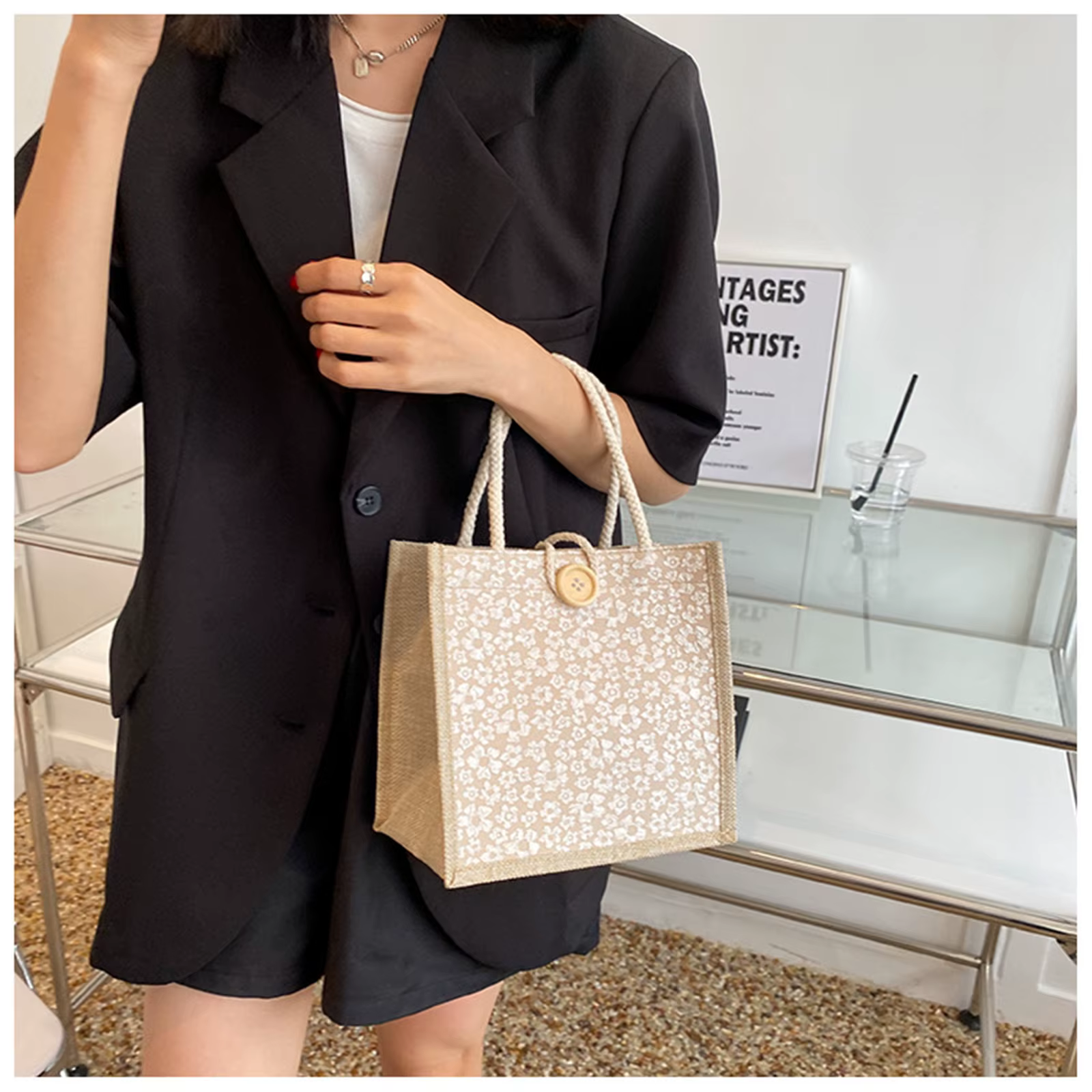 Sac à main en lin avec fermeture éclair pour femme
