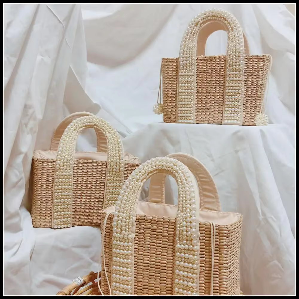 Sac à main en paille perlée pour femme