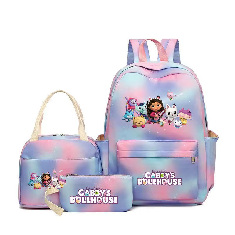 3 pièces Gabby Dollhouse coloré sac à dos ensemble pour femmes sacs d'école décontractés avec sac à déjeuner fille garçon étudiant adolescent sac à dos