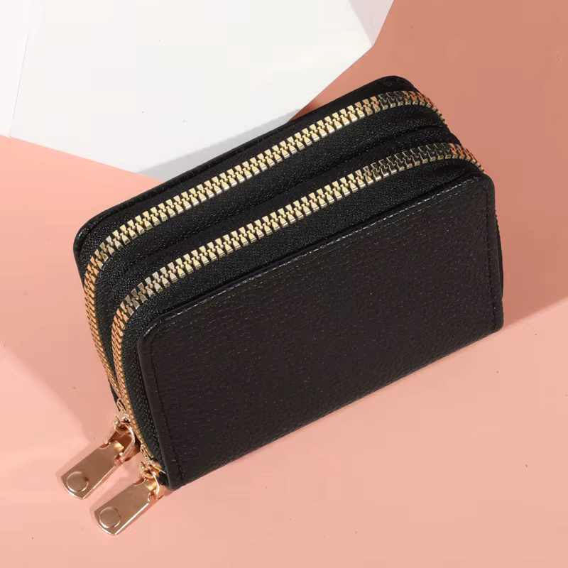 Femmes fermeture éclair Style court sac à main litchiPattern mode grande capacité Multi CaroSlot porte-monnaie