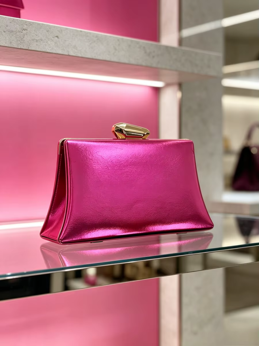 Pochette de soirée trapézoïdale fuchsia métallique brillante avec fermoir doré