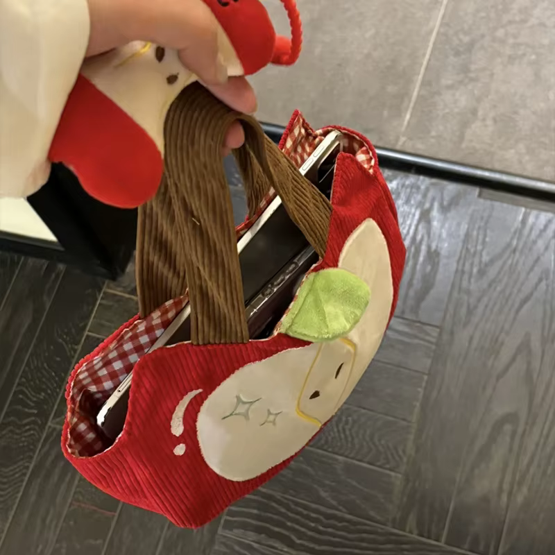 Sac à main pomme rouge créatif et mignon en velours côtelé