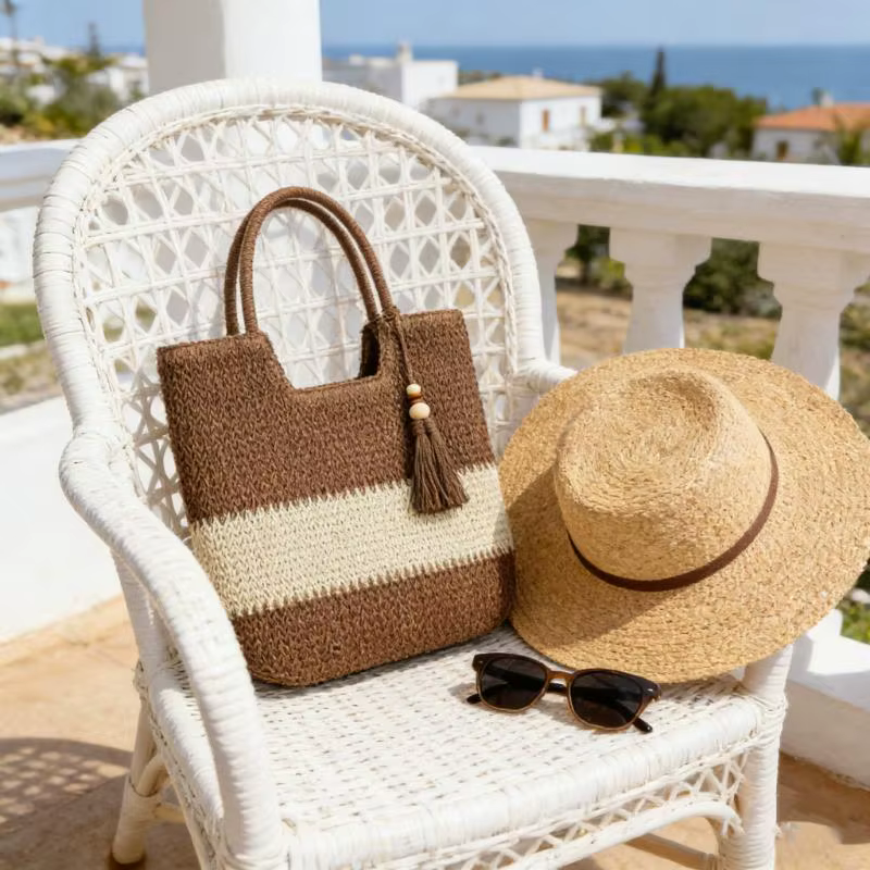 Sac fourre-tout en paille tressée fait main avec pompon décoratif