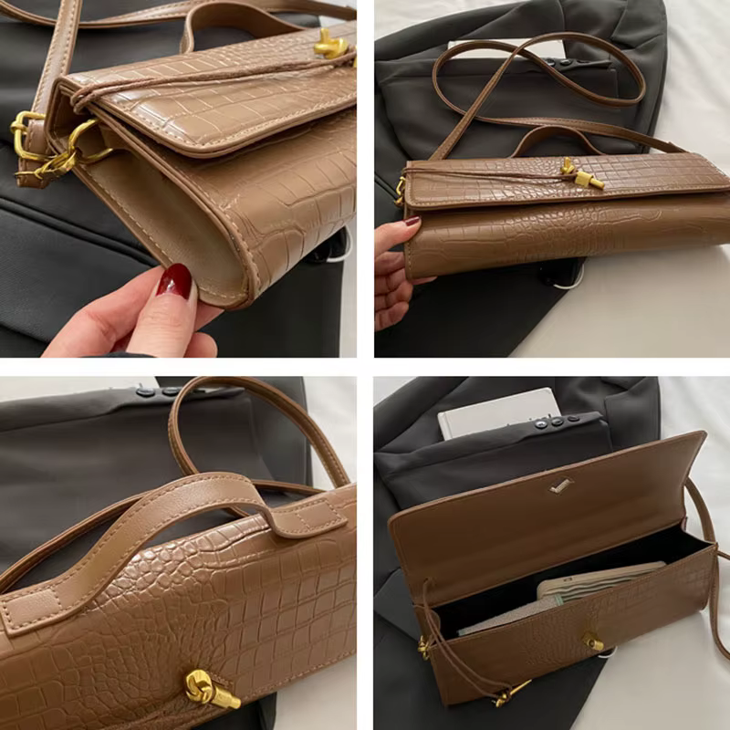 Sacs pour femmes élégants noir rétro en cuir PU motif Crocodile rabat pochette