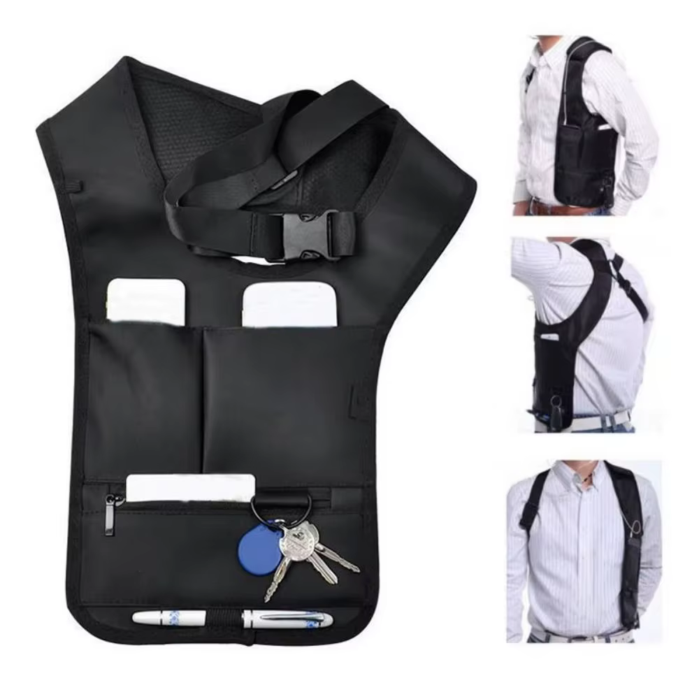 Sac bandoulière noir dissimulé sous le bras