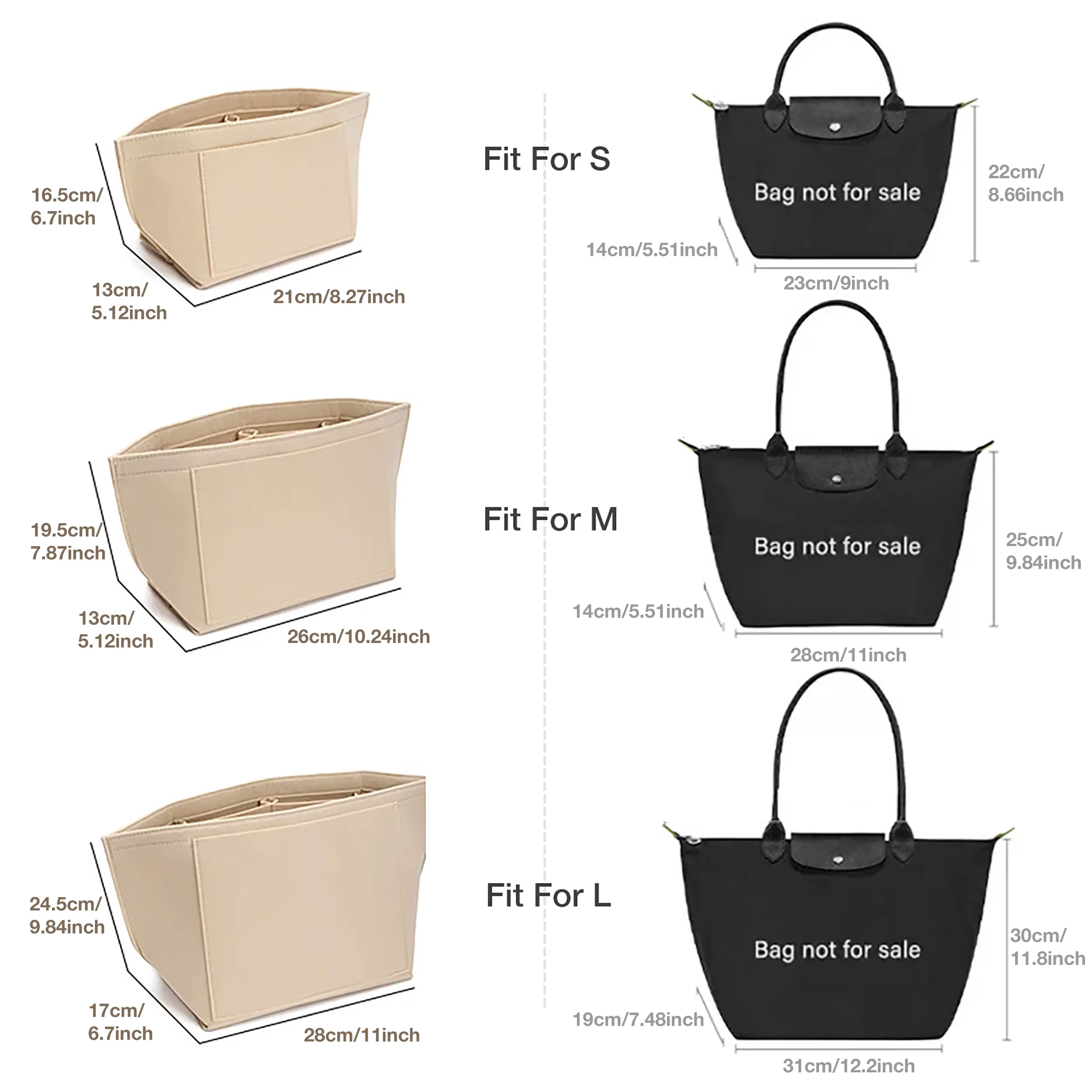 Insert organisateur de sac à main en feutre pour Longchamp Le Pliage L