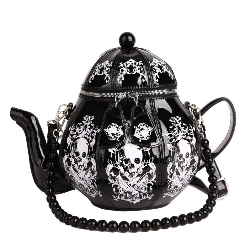 Vintage gothique noir crâne théière forme sac à main femmes perle chaîne Lolita sacs à bandoulière dames Harajuku