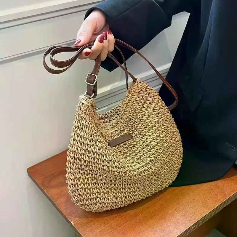 Sac en paille tressé à bandoulière pour femme, sac de plage tendance