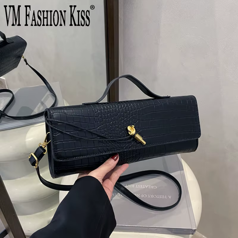 Sacs pour femmes élégants noir rétro en cuir PU motif Crocodile rabat pochette