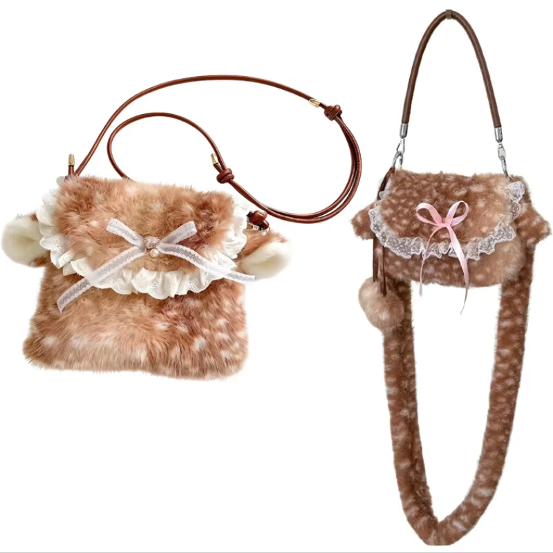 Sac à bandoulière en peluche avec ruban tacheté de cerf japonais