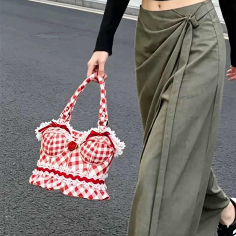 Sac à main vintage en cuir PU à carreaux avec dentelle florale et motif rose