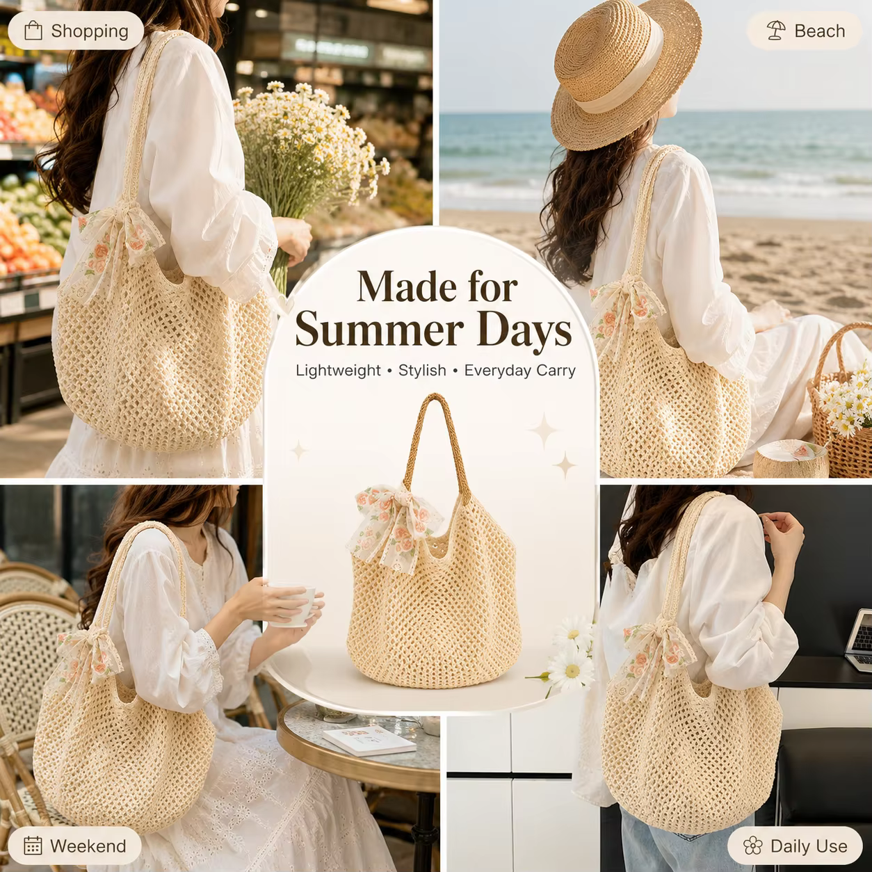 Sac fourre-tout d'été en raphia pour femme