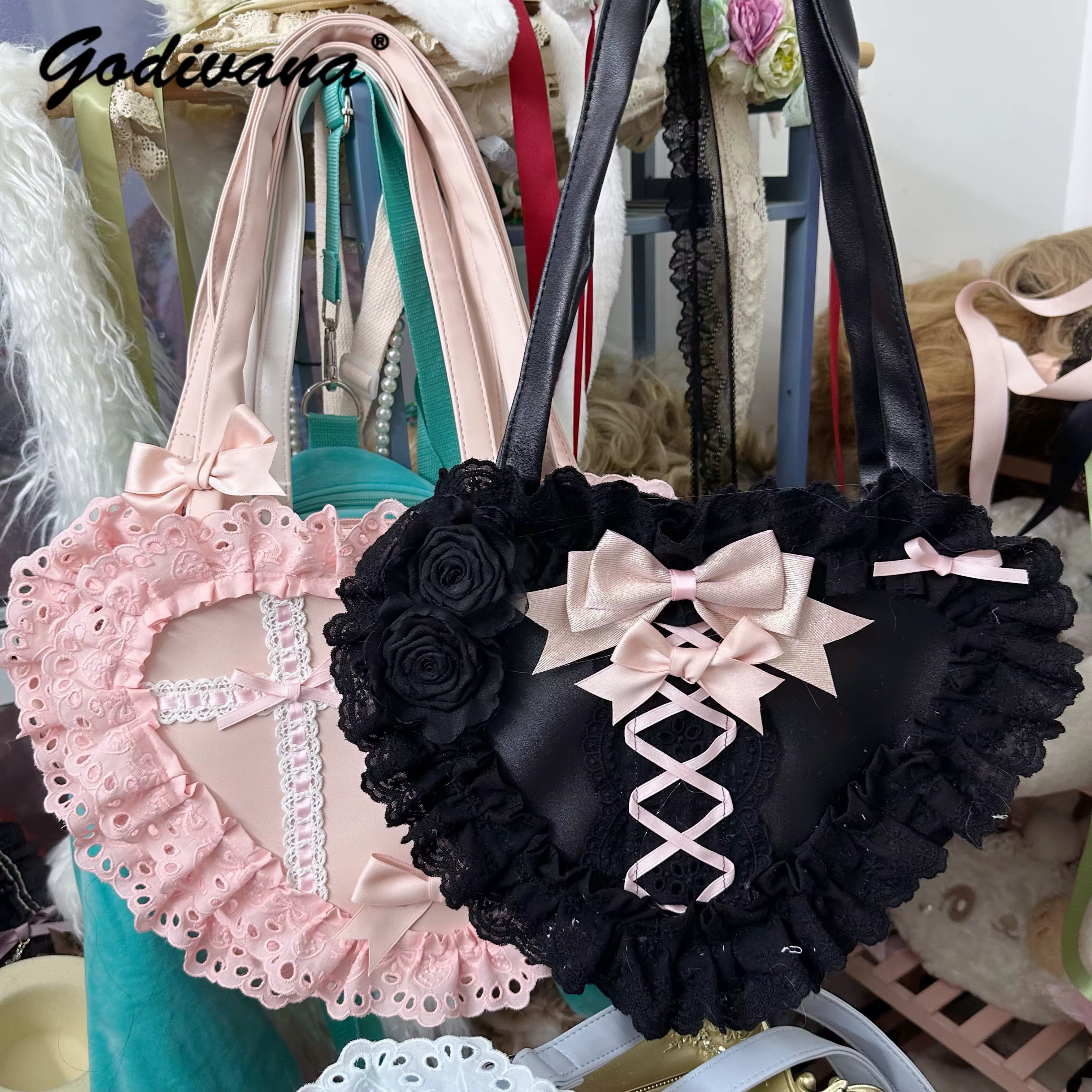 Lolita fait à la main amour coeur dentelle fleur mignon sac à bandoulière douce fille étudiants arc fourre-tout sacs