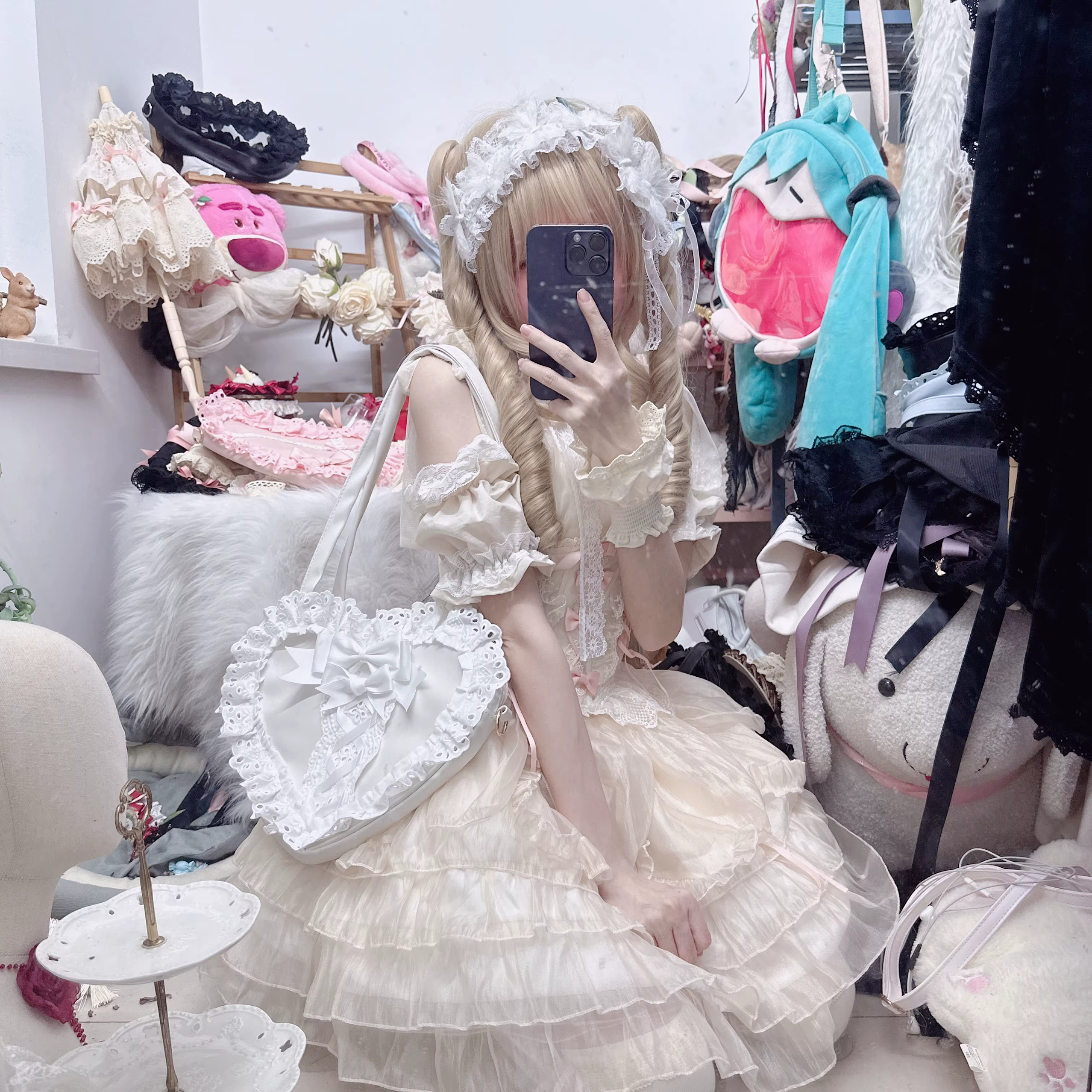 Lolita fait à la main amour coeur dentelle fleur mignon sac à bandoulière douce fille étudiants arc fourre-tout sacs