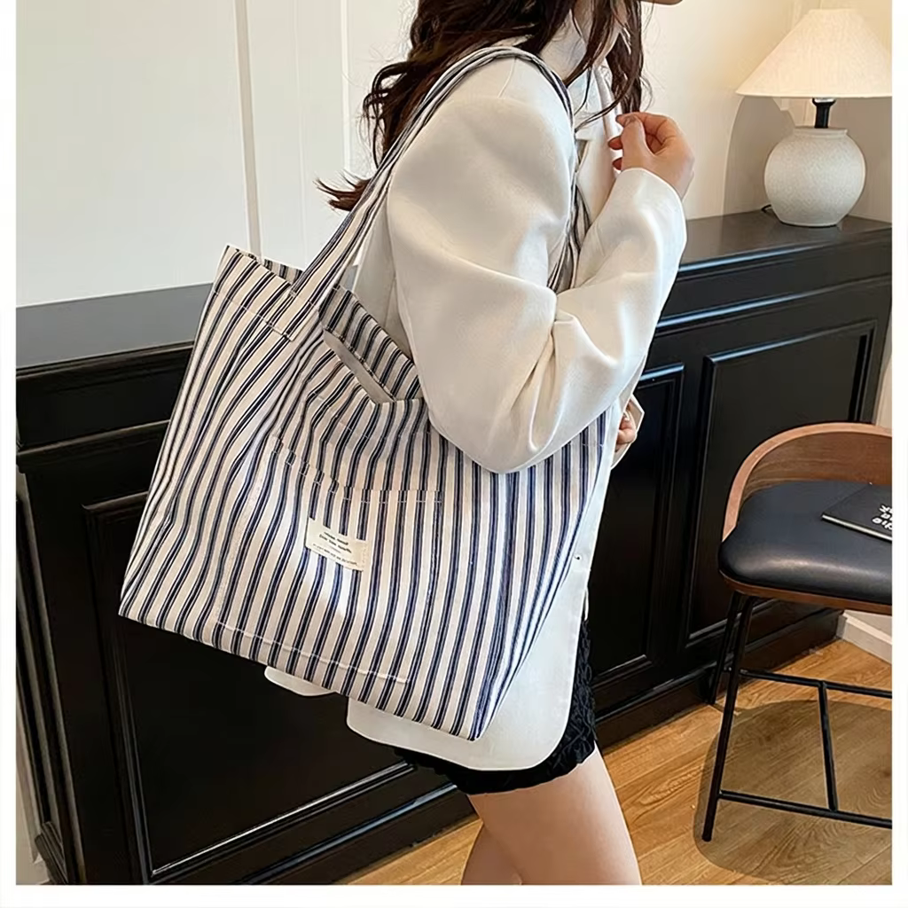 Nouveau Sac de Plage Cabas Tendance pour Femme en Toile Rayée Grande Capacité Sac à Bandoulière Sac à Main