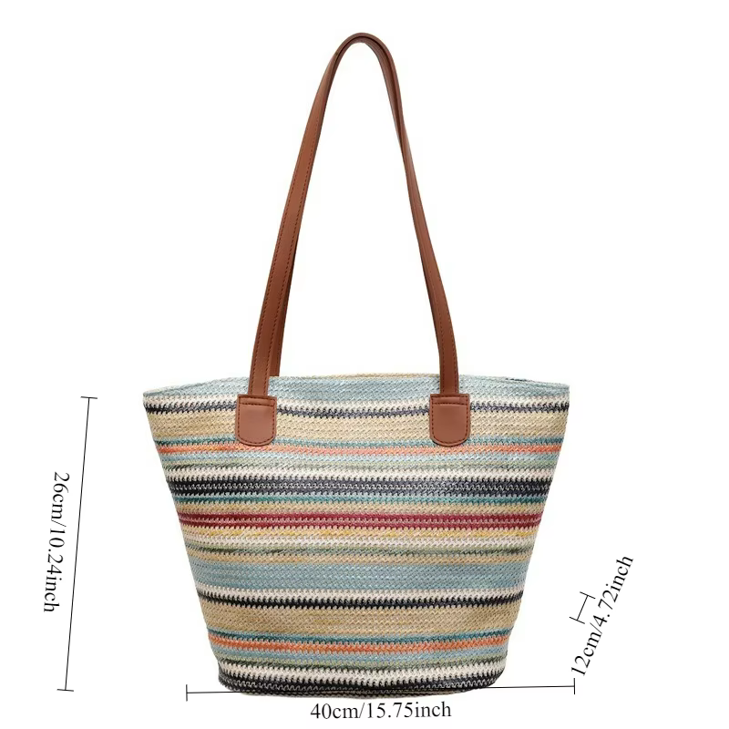 Nouveau sac fourre-tout en paille tressée arc-en-ciel grande capacité pour femme