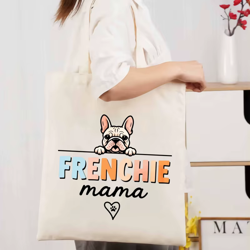 Sac fourre-tout en toile à motif de chien mère seau français de couleur crème