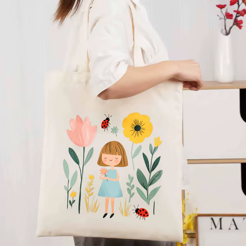 Sac fourre-tout en toile crème avec imprimés fille