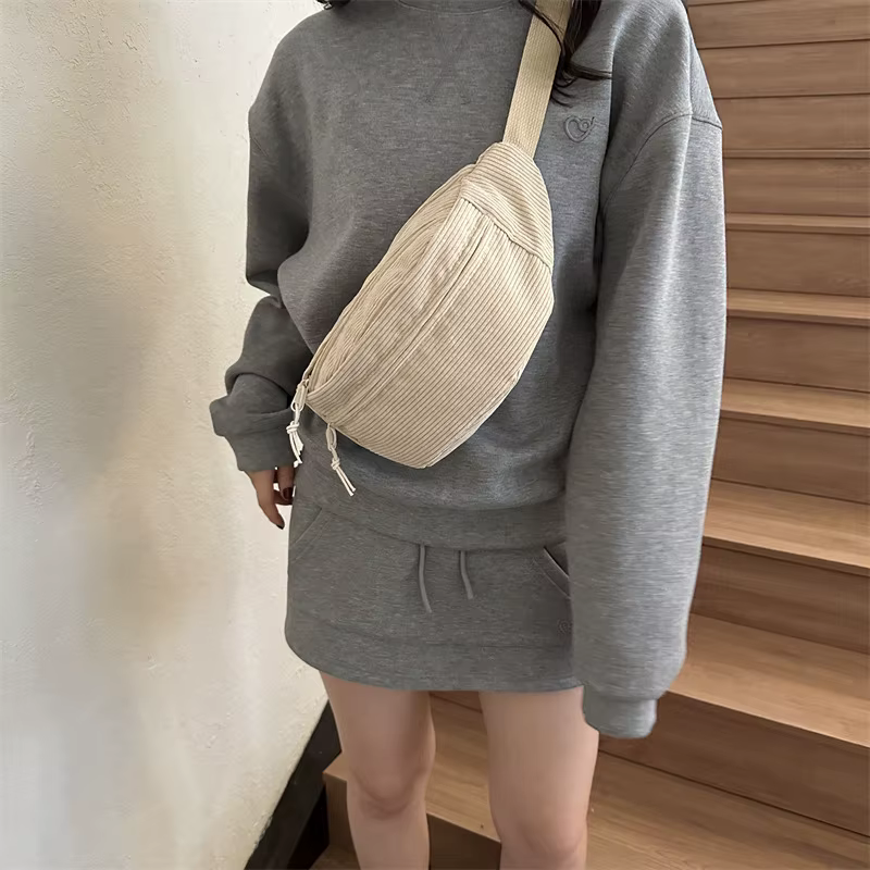 Femmes taille sac velours côtelé étudiant épaule sac à main bandoulière poitrine